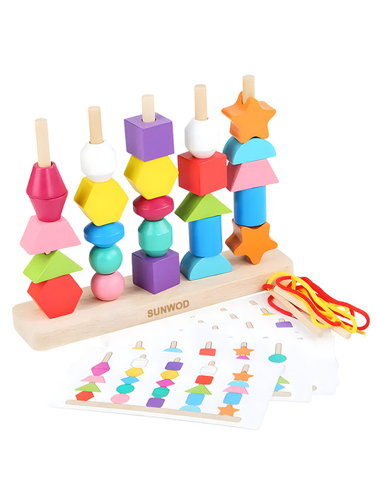 SUNWOD Montessori Toys Bead Sequencing Set, Wooden Lacing Beads &Stacking Shape Colors Blocks Threading Toys