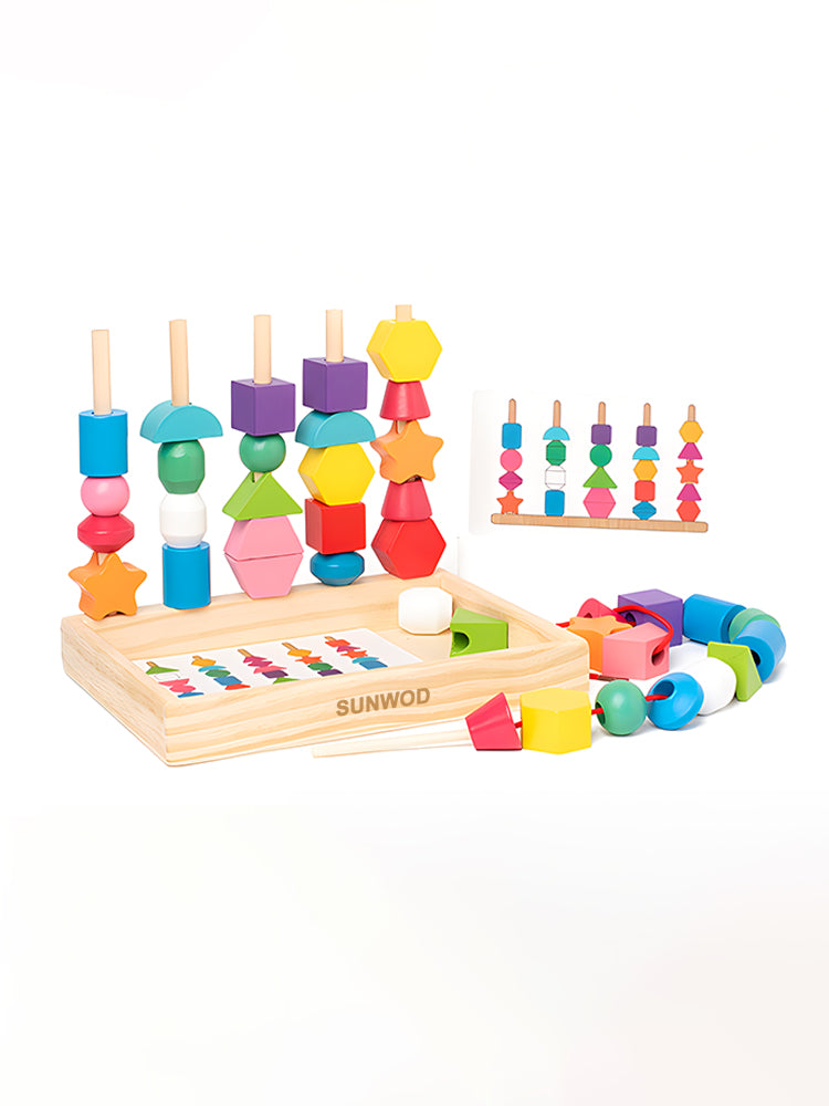 SUNWOD Montessori Toys Bead Sequencing Set, Wooden Lacing Beads &Stacking Shape Colors Blocks Threading Toys