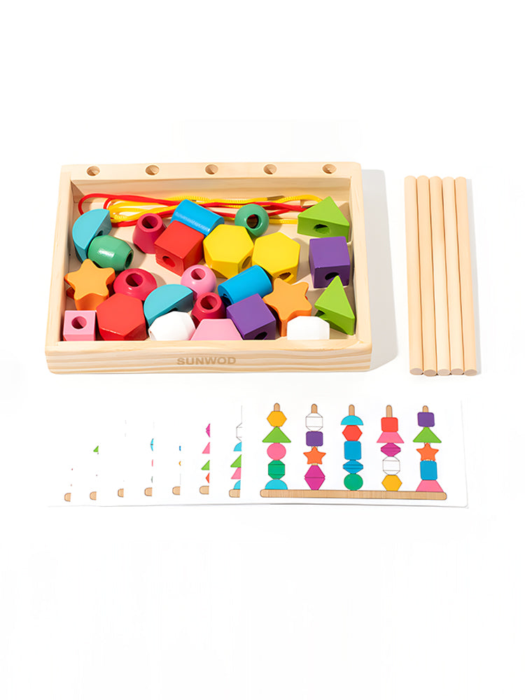 SUNWOD Montessori Toys Bead Sequencing Set, Wooden Lacing Beads &Stacking Shape Colors Blocks Threading Toys